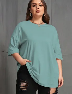 Camiseta de cuello redondo de hombros caídos y ajuste holgado de unicolor para mujer talla grande 2XL - Shein - FashionsVida