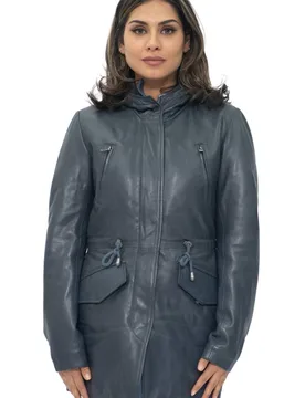 Women's Leather Hooded Parka Jacket-Bucharest in Navy Size: 12 - Navy - Size: 12 - Infinity Leather - FashionsVida