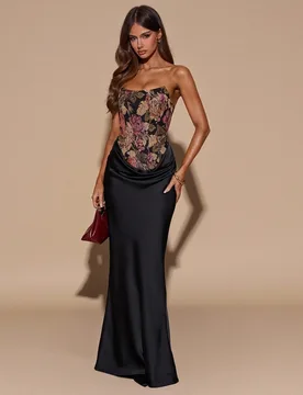 Vestido Maxi Elegante Negro de Otoño/Invierno sin Tirantes con Falda de Satén Jacquard Tejido Patchwork Estilo Sirena, Adecuado para Fiesta de Cóct - Shein - FashionsVida
