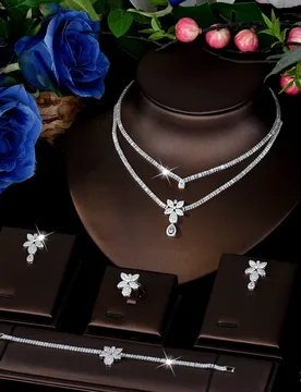 Fashion Luxury Flower Two Layer Necklace Earrings Bracelet Women's Decoration Light Luxury Jewelry Set Wedding Party Gift M-873 - Aliexpress - FashionsVida