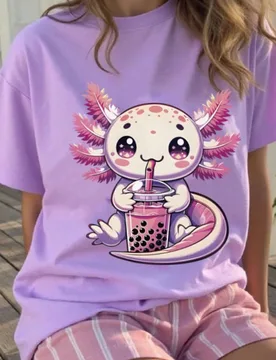 Camiseta de manga corta con cuello redondo y estampado de axolotl de dibujos animados holgada para adolescentes, camiseta casual adecuada para la escu - Shein - FashionsVida