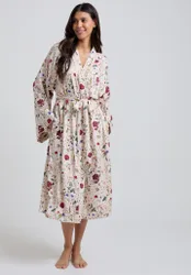 Corina Kimono Style Pressed Floral Print Robe In Cream - S