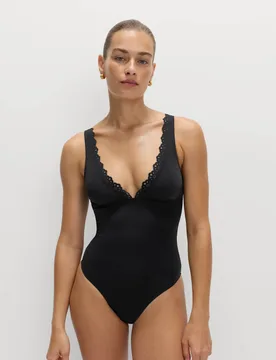 Sculpt Broderie Trim Plunge Swimsuit Black female - M&S - FashionsVida
