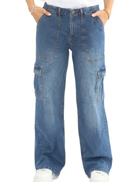 Womens Wide Leg Baggy High Waisted Cargo Pocket Jeans In Blue Denim - Size 10 Long - MYT - FashionsVida