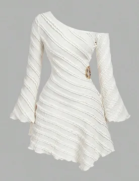 Vestido formal de invitada para mujer talla grande, blanco total, elegante, celestial, de otoño, sedoso, para boda, brunch y vacaciones, de punto tex - Shein - FashionsVida
