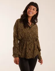 Leopard Print Shirred Waist Shirt - S / KHAKI - female