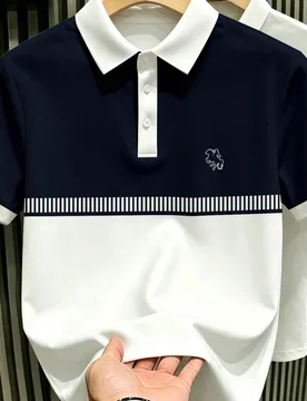 Camisa polo de estilo deportivo retro con bloques de color y rayas, con silueta de logo de caballo aristocrático para hombres XL - Shein - FashionsVida