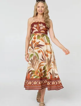 Women's Floral Cami Strap A-Line Midi Dress in Brown Size: 16 - Brown - Size: 16 - Izabel London - FashionsVida