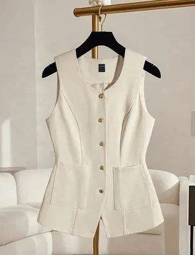 Chaleco casual/de negocios de mujer de cuello redondo, de una sola hilera, sin mangas, adecuado para primavera/verano L - Shein - FashionsVida