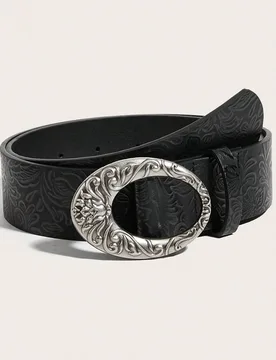 Pieza Cinturón de cuero de PU con hebilla de aleación vintage impresa, adecuado para el estilo vaquero occidental 90 - Shein - FashionsVida