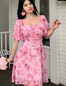 Vestido de verano de estilo francés dulce con mangas de murciélago, plisado y estampado de mariposa de gasa para mujer M - Shein - FashionsVida