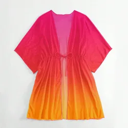 Kimono de ombré de cintura con cordón de manga murciélago de malla L