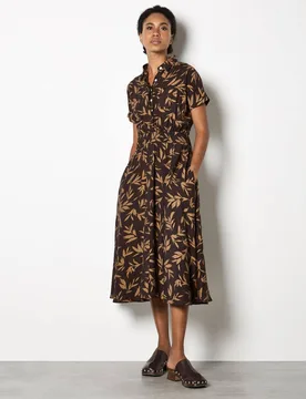 Women's Textured Leaf Shirt Midi Dress in Brown Size: 10 - Brown - Size: 10 - Apricot - FashionsVida