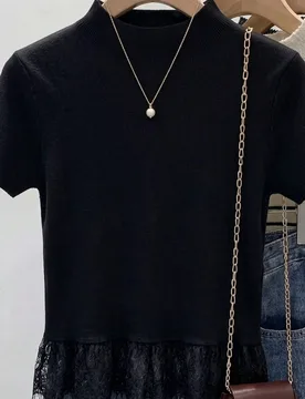 Blusa de punto de unicolor con aplicaciones de encaje XL - Shein - FashionsVida