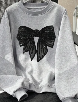 Sudadera de cuello redondo para niñas, estampada con patrón de lazo negro brillante, estilo dulce y ajuste holgado, adecuada para primavera y otoño - Shein - FashionsVida