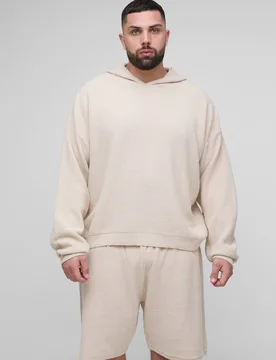Herren Plus Waffel-Gestricktes Oversized Hoodie Sweatshirt & Short Set Stone Größe 2XL - boohooMAN - FashionsVida