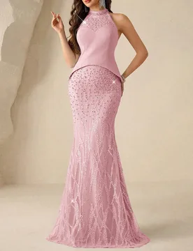 Elegante vestido de 2 en 1 con cuello alto transparente con lentejuelas, perlas y rhinestones, con falda de estilo sirena, perfecto para uso formal en - Shein - FashionsVida