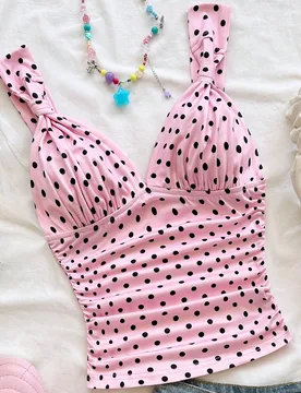 Camiseta de mujer elegante para vacaciones, de tela de punto a lunares, con tirantes retorcidos y fruncidos, de ajuste ceñido, adecuada para vacacion - Shein - FashionsVida