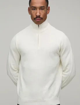 Mens Regular Fit 1/4 Zip Knitted Jumper - Ecru - Size X-Small - boohooMAN - FashionsVida
