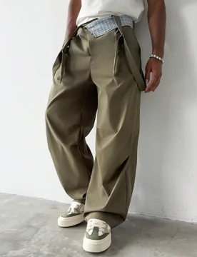 Pantalones largos casuales holgados con tirantes, cintura asimétrica y diseño de patchwork a cuadros para hombre M - Shein - FashionsVida