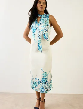 Women's Floral Scarf Satin Midi Dress in Ivory Size: 10 - Ivory - Size: 10 - Wallis - FashionsVida
