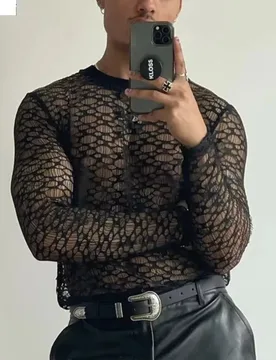 Personality Black Sexy Mesh T-shirt Men's O-neck Hollow Out Lace Tops Men Breathable Fashion Party Nightclub Tee Streetwear - Aliexpress - FashionsVida