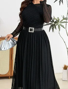 Vestido de noche elegante estilo francés con manga larga, cintura cruzada plisada, línea A y encaje para mujer talla grande 4XL - Shein - FashionsVida
