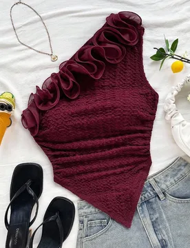 Blusa ajustada con un hombro con adorno floral romántico, adecuada para vacaciones, festivales de música, estilo bohemio, citas, té de la tarde XS - Shein - FashionsVida