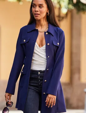 Womens Navy Blue Belted Coat With Gold Button Detail - Size 14 Uk - Sosandar - FashionsVida