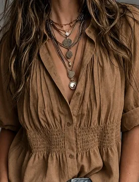 Camisa casual de manga larga con cintura fruncida de algodón puro color caqui profundo para mujer, adecuada para el desplazamiento diario, la eleganc - Shein - FashionsVida