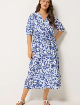 Women's Printed Notch Neck Midi Dress in Blue Size: 20 - Blue - Size: 20 - Yours - FashionsVida