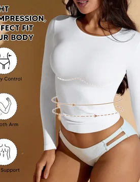 Camiseta de manga larga de cuello redondo blanca para mujer, tela de alta elasticidad, cintura con suave moldeado, longitud regular para uso casual en - Shein - FashionsVida