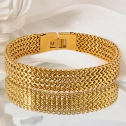 Luxury Gold Plated Bracelet for Men Women Stainless Steel Woven Pattern Wide Bangle Fashion Jewelry Gift Valentine's Birthday