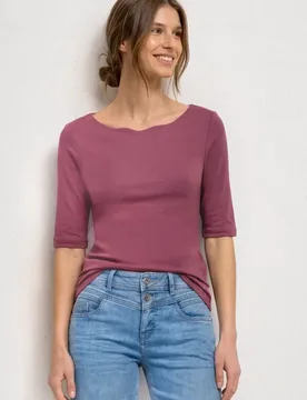 T-Shirt mit Wavy Neckline in Unifarbe female Rosa - Street One - FashionsVida