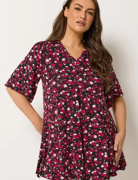 Women's Floral Pleated Front Top in Black Size: 18 - Black - Size: 18 - Yours - FashionsVida