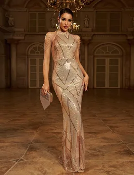 Vestido de Noche Elegante Formal con Cuello Halter y Lentejuelas Estilo Sirena para Invitada de Boda, Graduación y Cena, Primavera y Otoño XS - Shein - FashionsVida