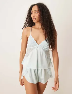 Womens Nightwear Satin Lace Trim Flippy Short In Blue Co-Ord - Sky Blue - Size X-Large - Abercrombie & fitch - FashionsVida