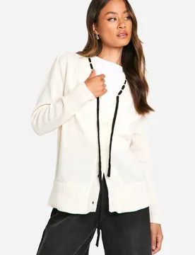 Womens Tall Contrast Ribbon Knitted Cardigan - White - Size X-Small - Boohoo - FashionsVida