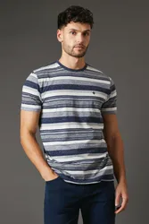 Mens Denver Stripe T-Shirt - Blue Cotton - Size Small