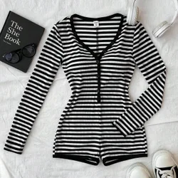 Mono casual de rayas negras&blancas con cuello en V para niña preadolescente, mono ajustado, ropa, mono de manga regular