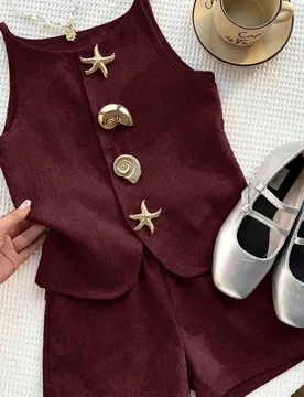 Conjunto de Top de Tirantes con Hebilla Metálica & Shorts para Niña Preadolescente 9Y - Shein - FashionsVida