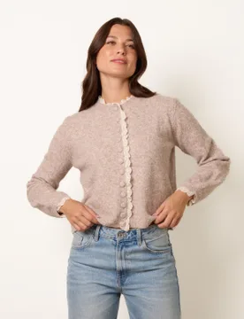 Lace Trimmed Cardigan - M/L / TAUPE - female - Blue Vanilla - FashionsVida