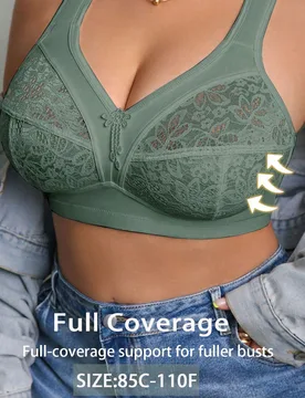 Sujetador inalámbrico para mujer de talla grande, transpirable, antideslizante, con patchwork de encaje, push-up con soporte alto, tirantes ajustable - Shein - FashionsVida
