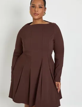 Womens Plus Bengaline Pleated Long Sleeve Skater Dress - Chocolate Viscose - Size 22 Uk - Boohoo - FashionsVida