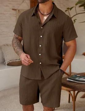 Conjunto de Camisa y Pantalones Cortos de Manga Corta con Textura Lisa Marrón para Hombre Talla Grande, Casual de Verano, Vacaciones 2XL - Shein - FashionsVida