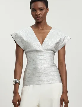 Womens Foil Metallic Figure Form Bandage Angel Sleeve Top - Silver - Size 16 Uk - Karen millen - FashionsVida