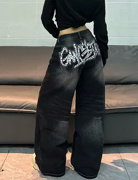Pieza Pantalones vaqueros de pierna ancha y sueltos bordados de marca de moda coreana (Este producto no incluye cinturón/accesorios) Casual de primav - Shein - FashionsVida