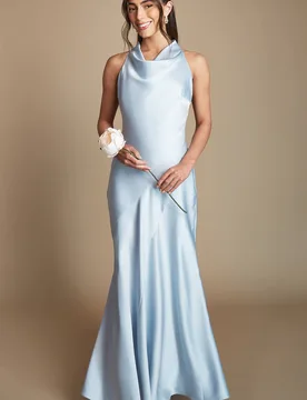 Women's Light Blue Cowl Halterneck Satin Maxi Bridesmaid Dress Size: 6 - Light Blue - Size: 6 - OASIS - FashionsVida