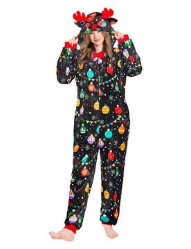 Elk Printed Colored Lights Black Pajamas Plush Animals Onesie Sleepwear Christmas Party Suit For Adult - Adult (Unisex) / S - OLAOLA - FashionsVida