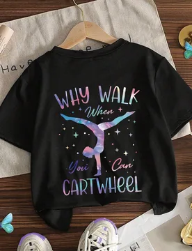 Camiseta gráfica para niñas con estampado de gimnasia, estilo de clase de baile de primavera/verano, parte superior para niñas 8Y - Shein - FashionsVida